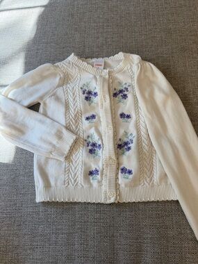 Gymboree Cream Cardigan with Purple Floral Embroidery